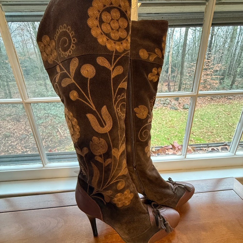 Sam Edelman for Victoria’s Secret Brown Suede Embroidered Floral Knee-High Boots